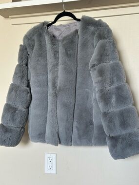Luxurious Soft Gray Plush Faux Fur Coat